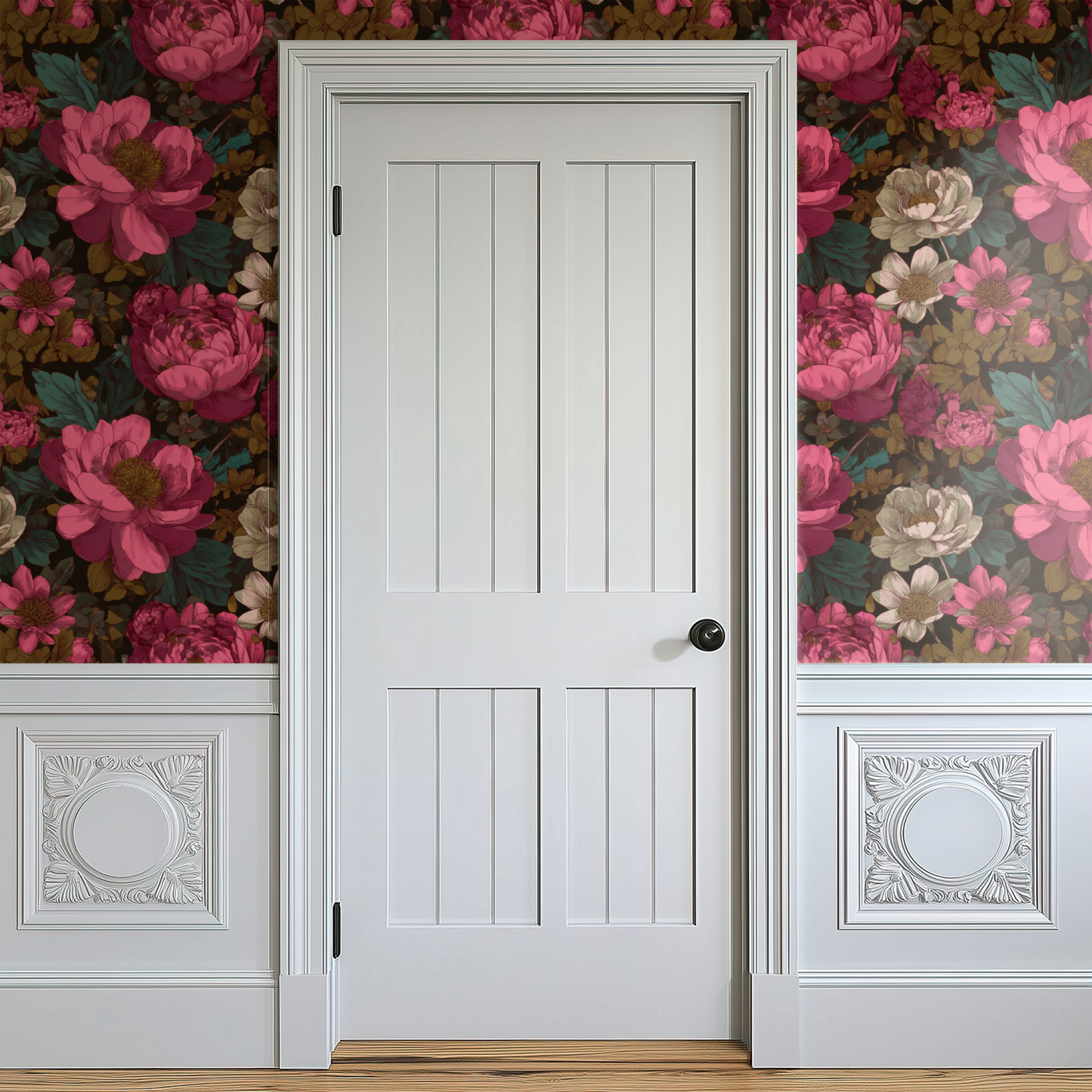 Pink Floral Wallpaper shown in a second interior with the faded peonies reading as aged country-house traditional decoration