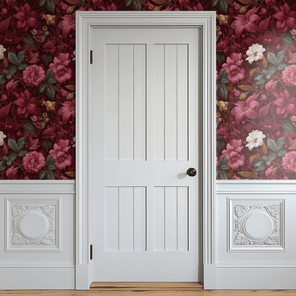 Red Floral Wallpaper shown in a second room with the etched burgundy florals giving the wall a serious library-style traditional character