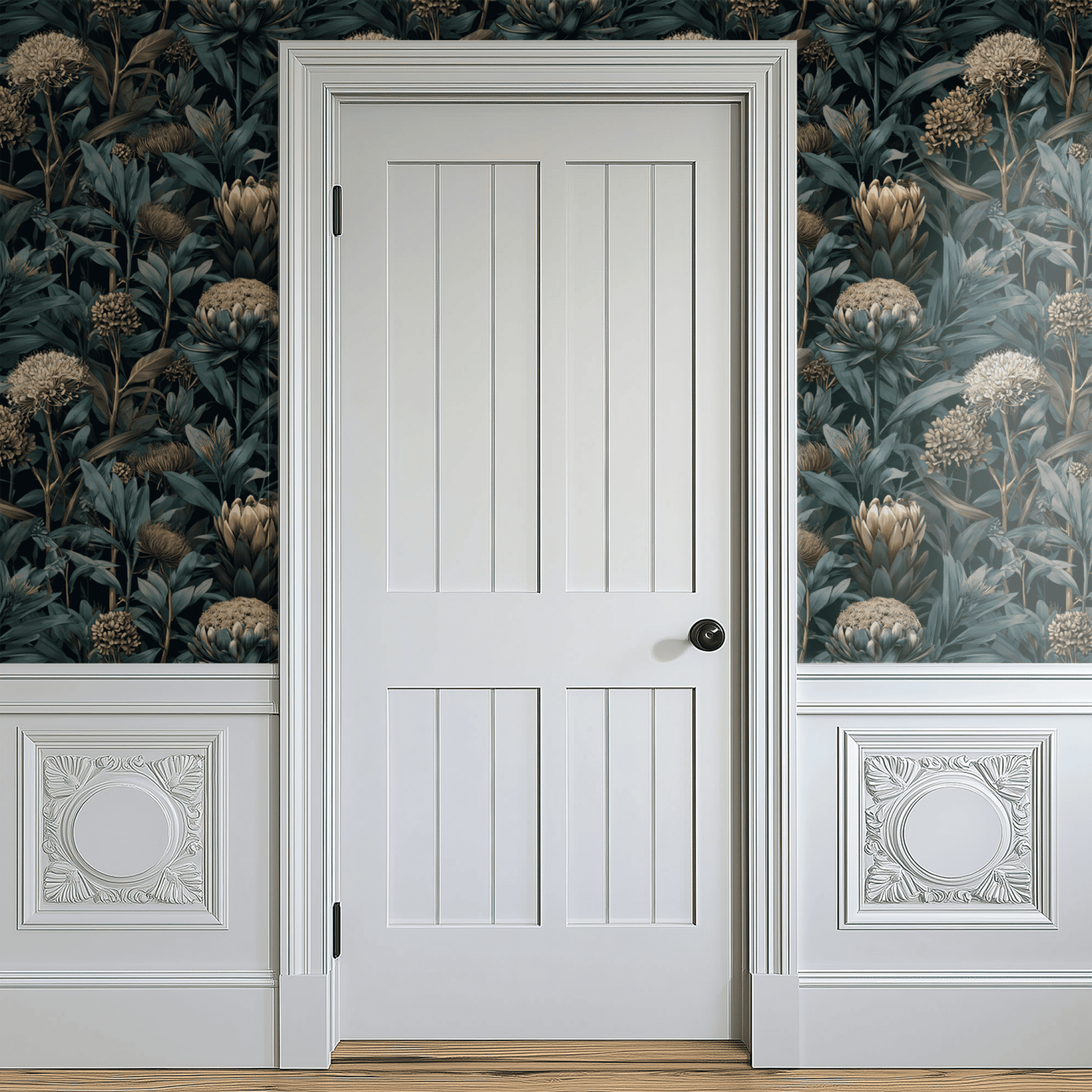 Green Botanical Wallpaper shown in a second room with the moody proteas reading as exotic atmospheric library-style decoration