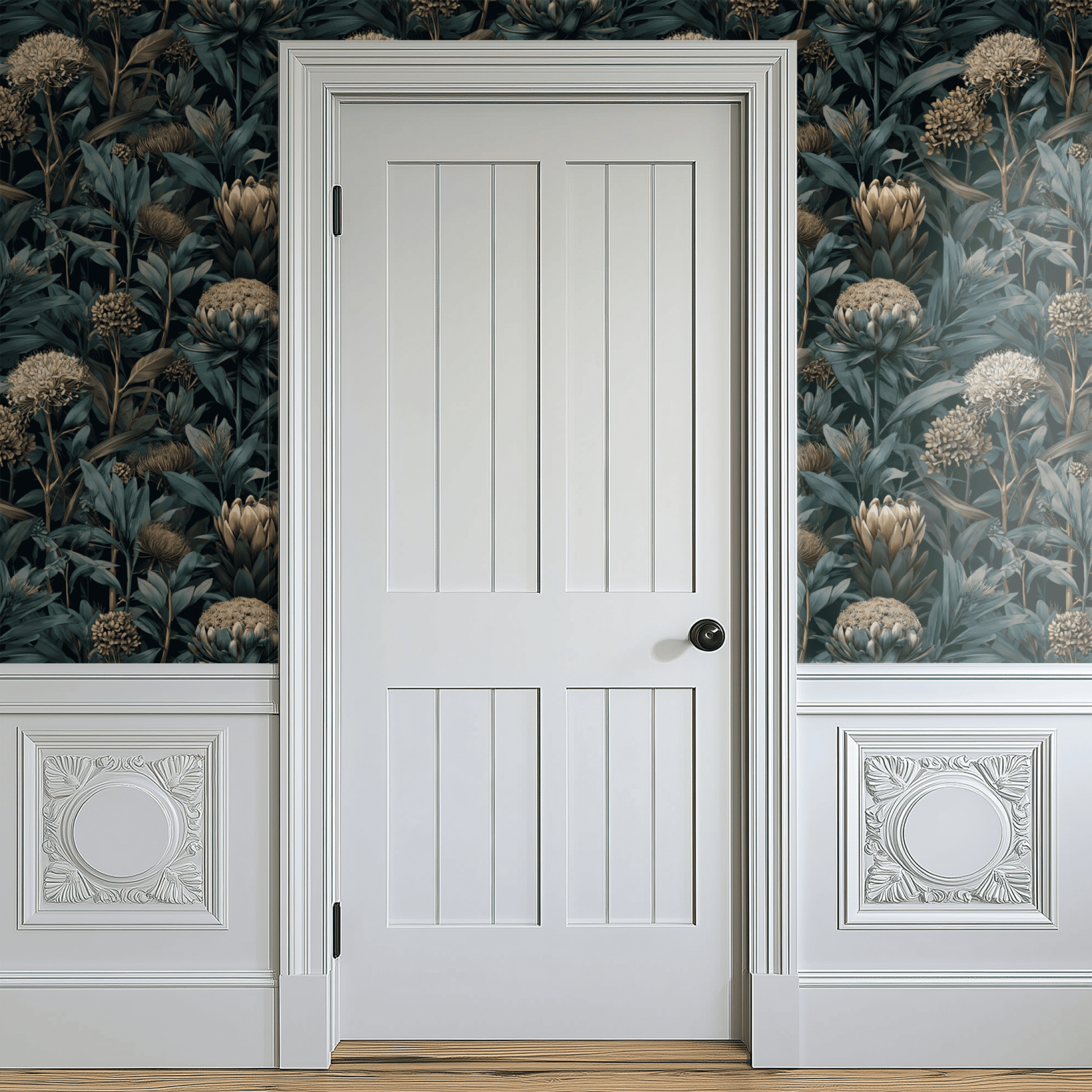 Green Botanical Wallpaper shown in a second room with the moody proteas reading as exotic atmospheric library-style decoration