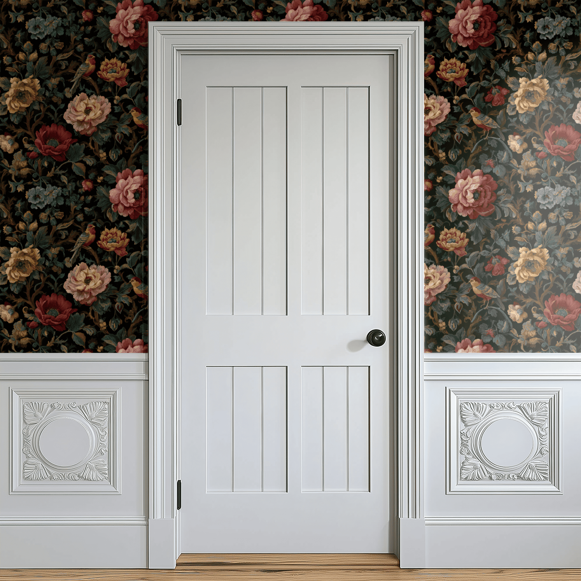 Black Floral Wallpaper shown in a second room with the opulent moody birds reading as theatrical dining-room decoration