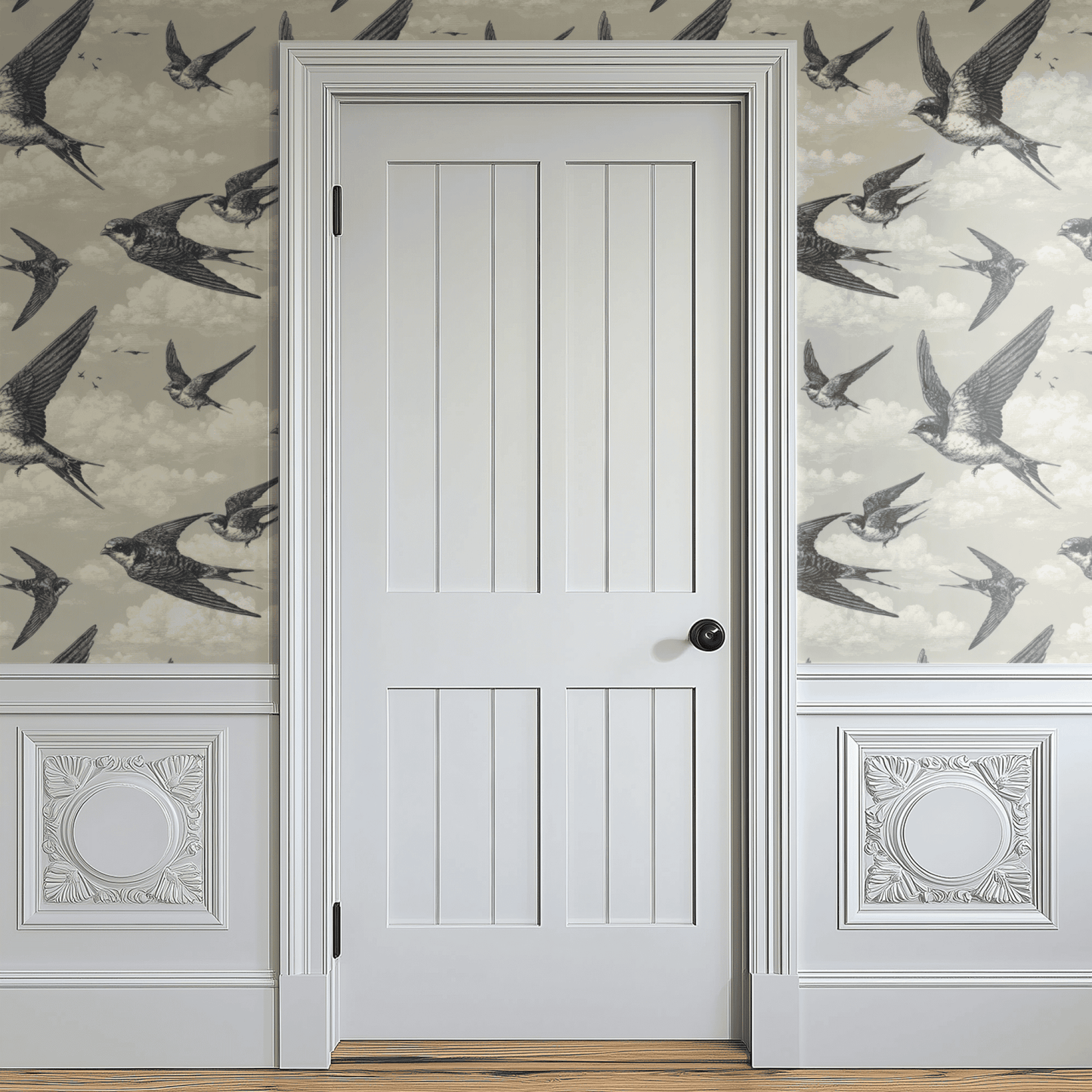 Grey Bird Pattern Wallpaper shown in a second interior with the birds-and-sky reading as quietly scenic atmospheric decoration