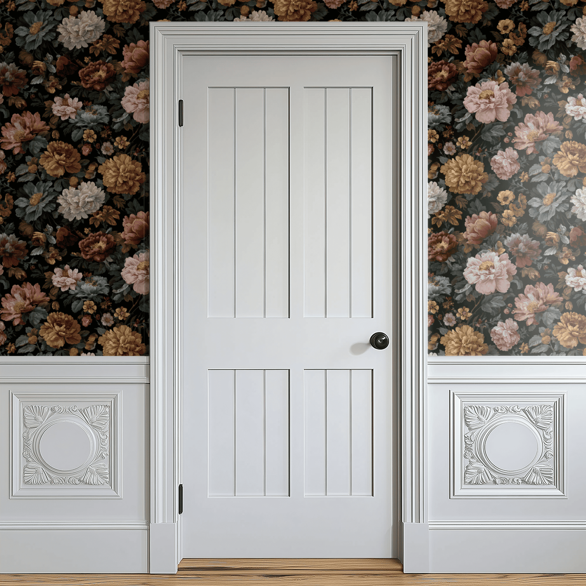 Black Floral Wallpaper shown in a second interior with the dramatic peonies reading as theatrical evening-dining-room decoration
