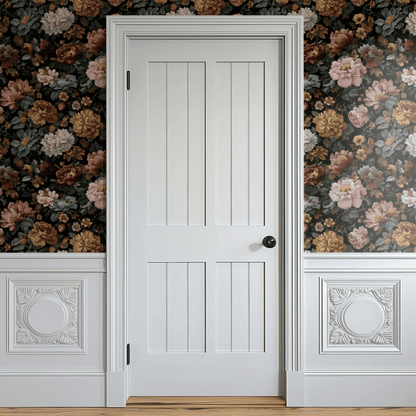 Black Floral Wallpaper shown in a second interior with the dramatic peonies reading as theatrical evening-dining-room decoration