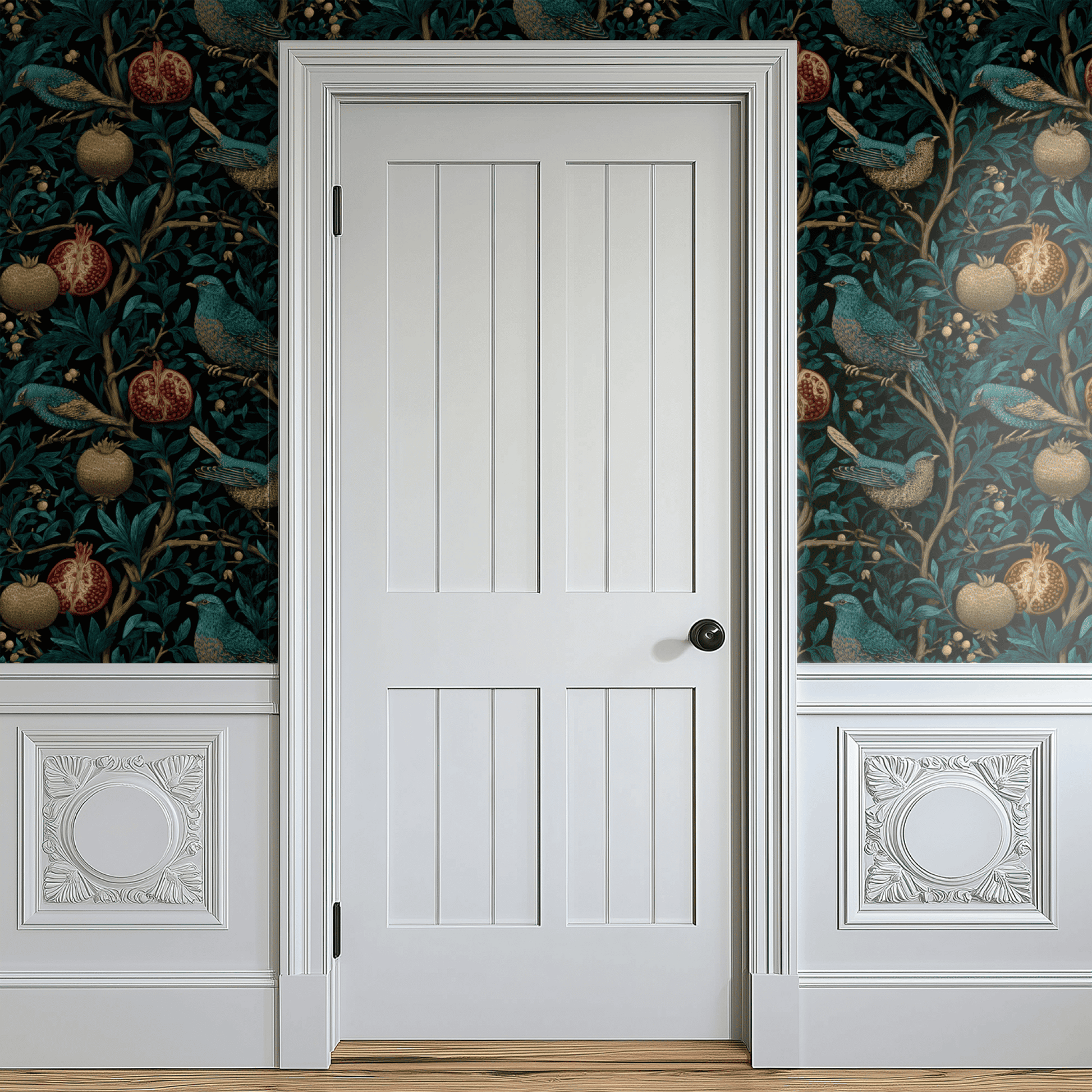 Green Bird Pattern Wallpaper shown in a second room with the teal pomegranate reading as English-country woodland decoration