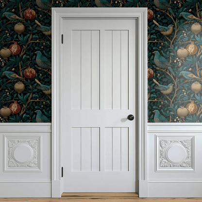 Green Bird Pattern Wallpaper shown in a second room with the teal pomegranate reading as English-country woodland decoration