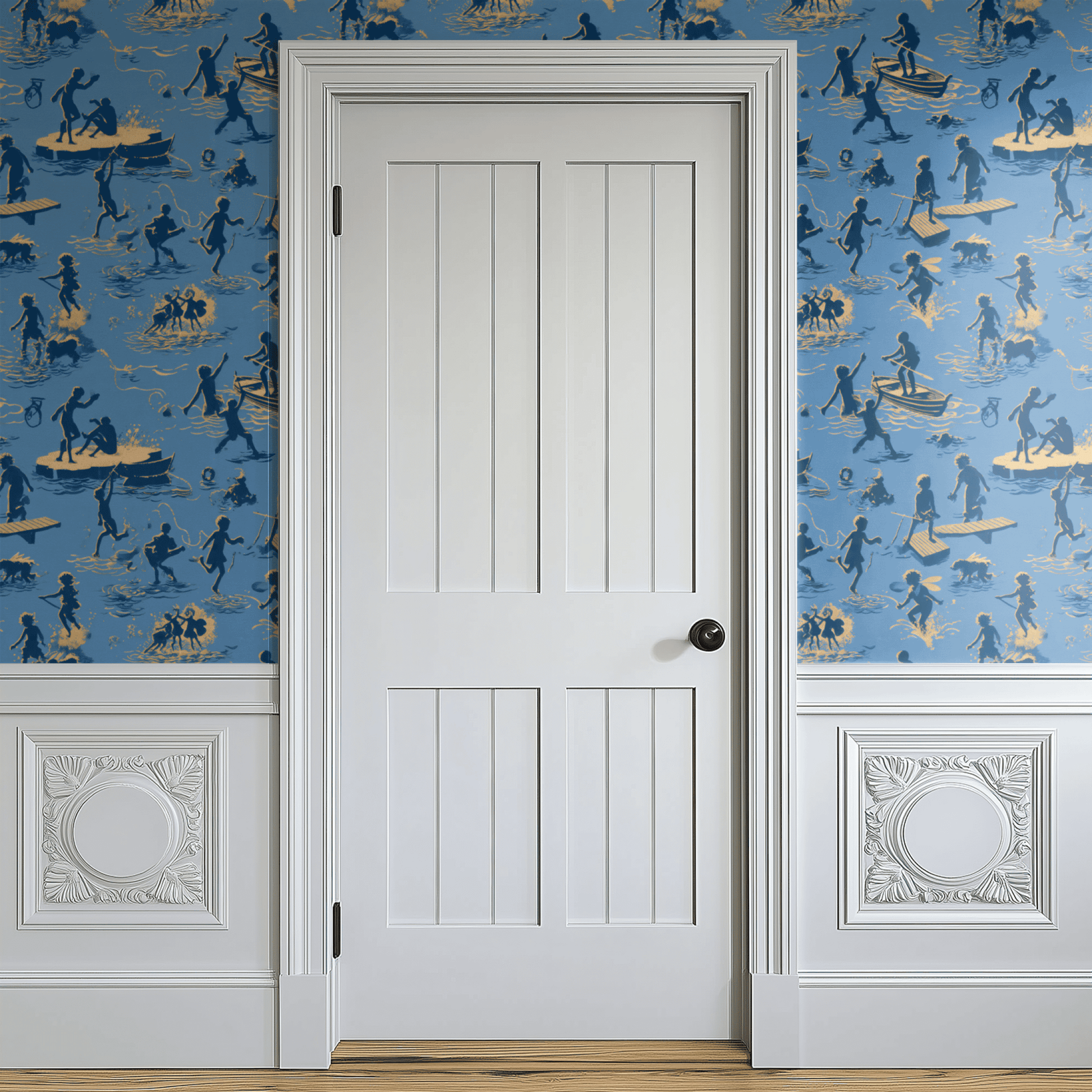 Blue Toile Wallpaper shown in a second interior with the whimsical toile reading as playful traditional country decoration