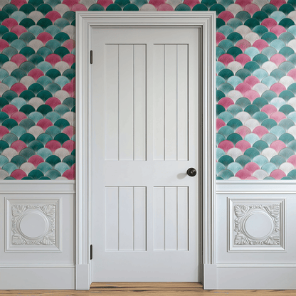 Pink Teal Geometric Wallpaper shown in a second room with the Art Deco iridescent scales reading as 1920s-style luxurious geometric decoration