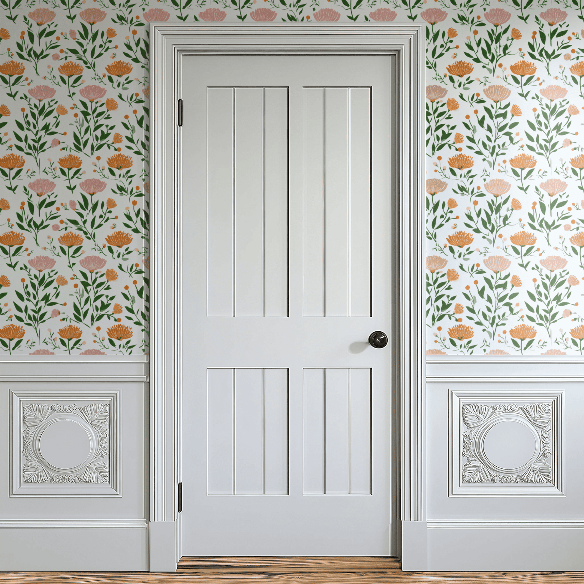 White Floral Wallpaper installed on a room wall with cottagecore wildflower clusters in soft apricot and white tones