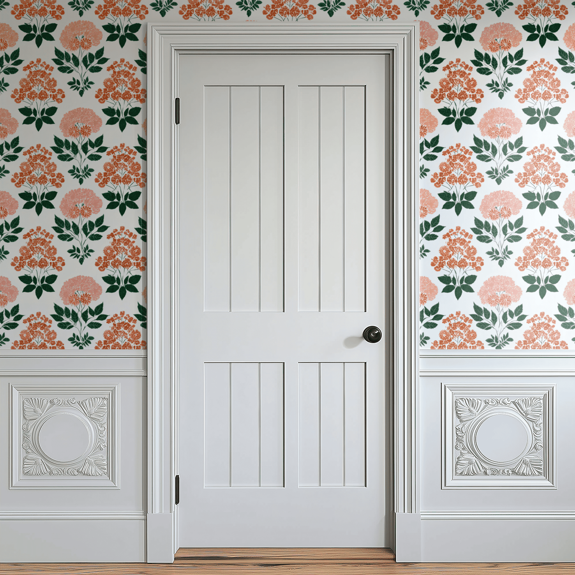 White Floral Wallpaper shown in a second interior with the coral hydrangeas giving the wall a gently feminine fresh character