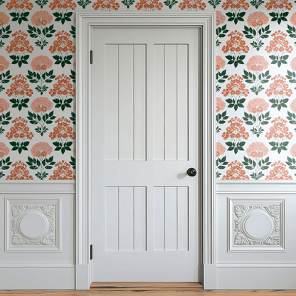 White Floral Wallpaper shown in a second interior with the coral hydrangeas giving the wall a gently feminine fresh character
