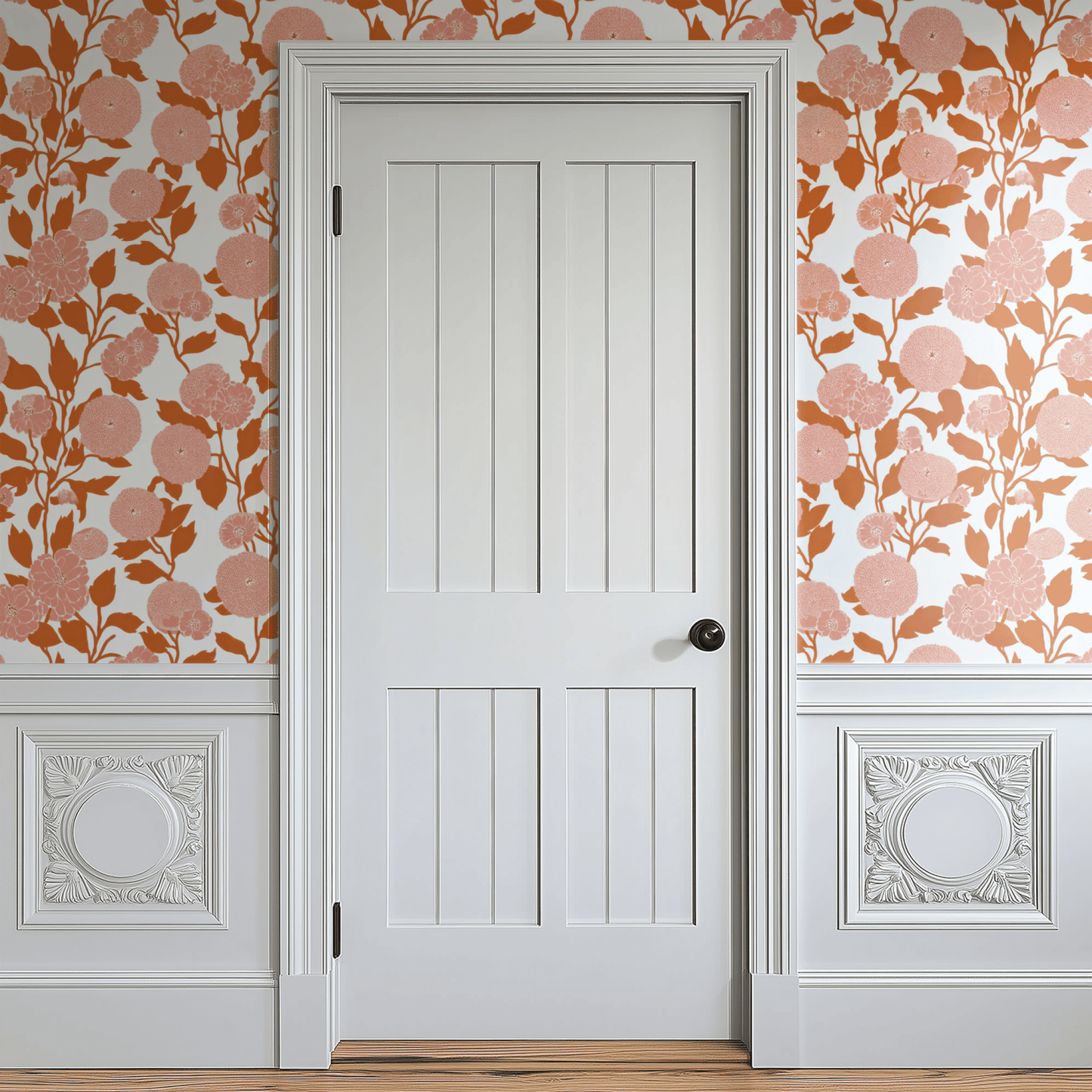 White Floral Wallpaper shown in a second interior with the tangerine chrysanthemum reading as warmly fresh Japanese-influenced decoration