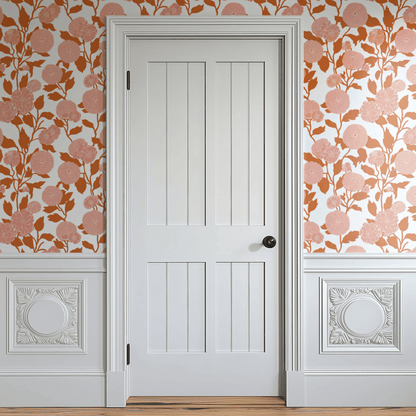 White Floral Wallpaper shown in a second interior with the tangerine chrysanthemum reading as warmly fresh Japanese-influenced decoration