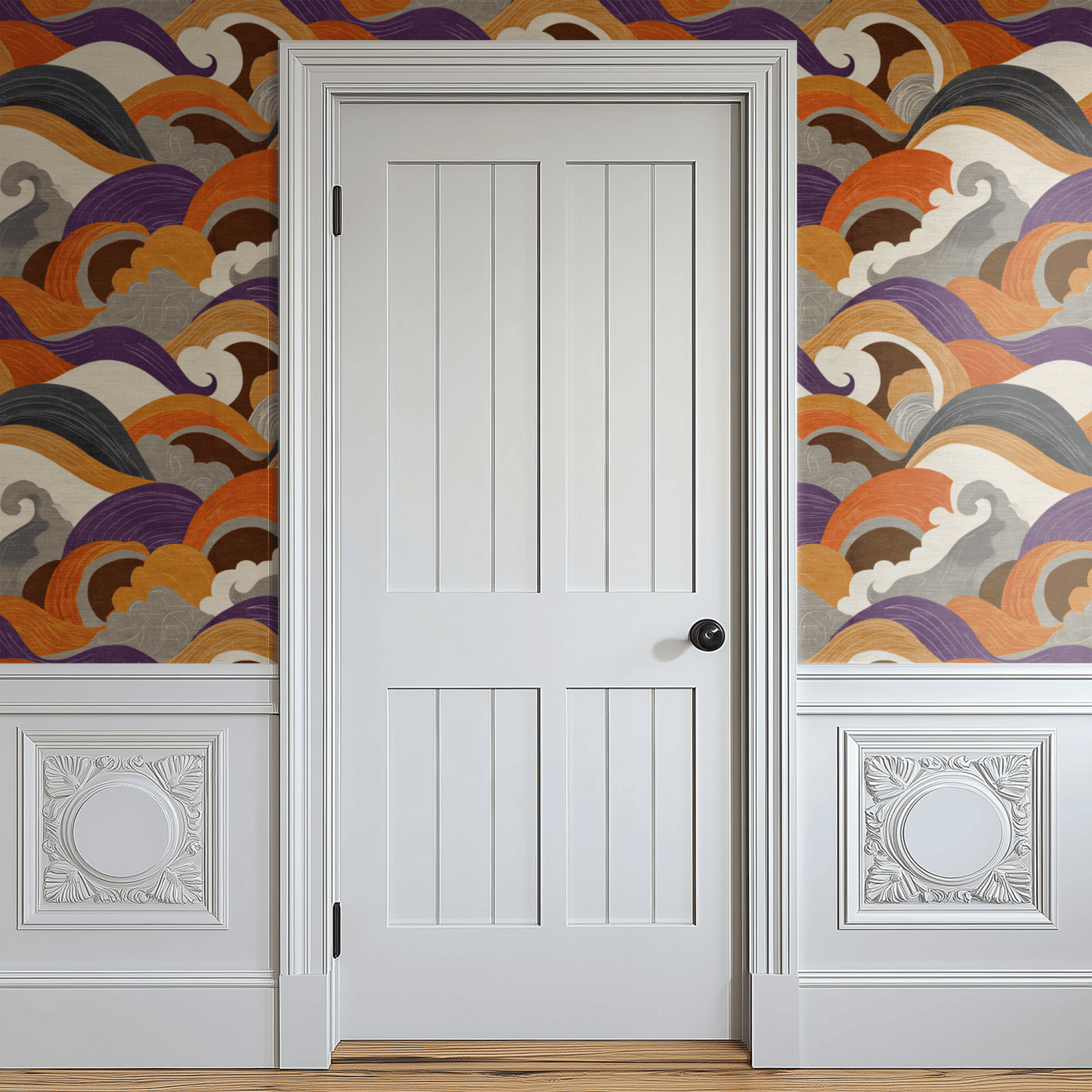 Multicolored Abstract Wallpaper shown in a second room with the ocean current pattern reading as atmospheric and contemporary
