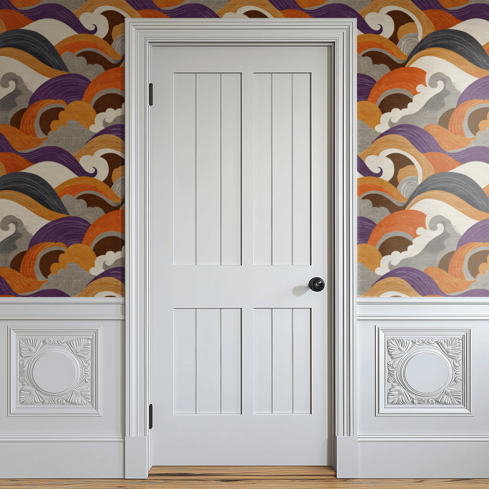 Multicolored Abstract Wallpaper shown in a second room with the ocean current pattern reading as atmospheric and contemporary
