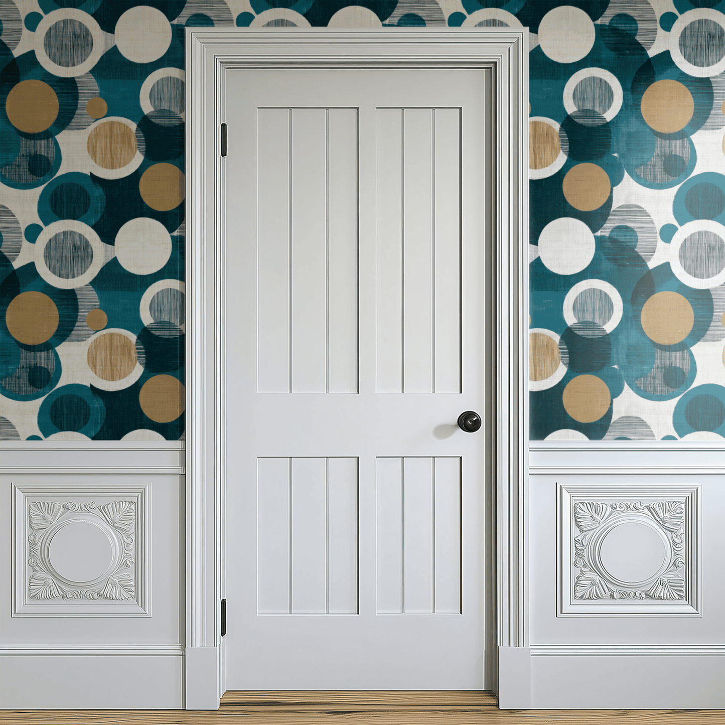 Green Geometric Wallpaper shown in a second room with the teal gradient reading as 1950s-style modernist geometric decoration