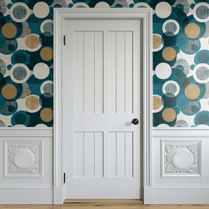 Green Geometric Wallpaper shown in a second room with the teal gradient reading as 1950s-style modernist geometric decoration