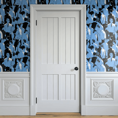 Blue Abstract Wallpaper shown in a second room with the abstract crowd figures reading as contemporary modernist statement decoration