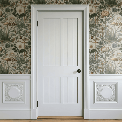 Green Floral Wallpaper shown in a second interior with the vintage flora reading as warmly traditional country-pastoral decoration