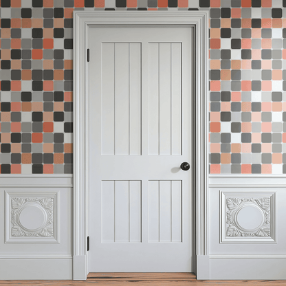 Multicolored Geometric Wallpaper shown in a second interior with the terracotta tile reading as warmly Mediterranean-style geometric decoration