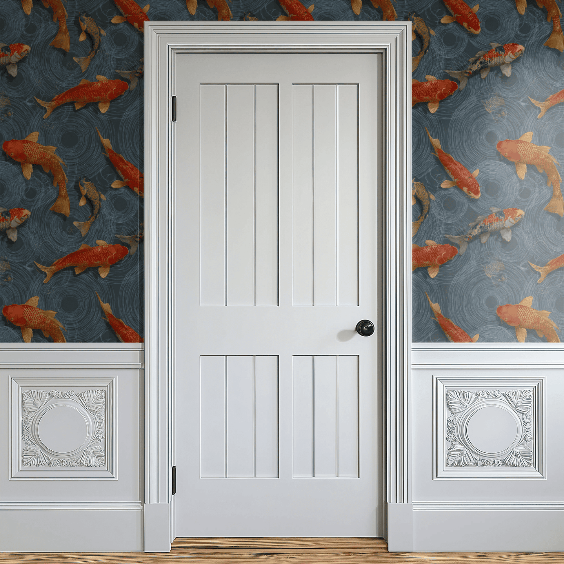 Blue Animal Print Wallpaper shown in a second room with the koi fish reading as Japanese-decorative atmospheric pond pattern