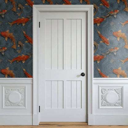 Blue Animal Print Wallpaper shown in a second room with the koi fish reading as Japanese-decorative atmospheric pond pattern