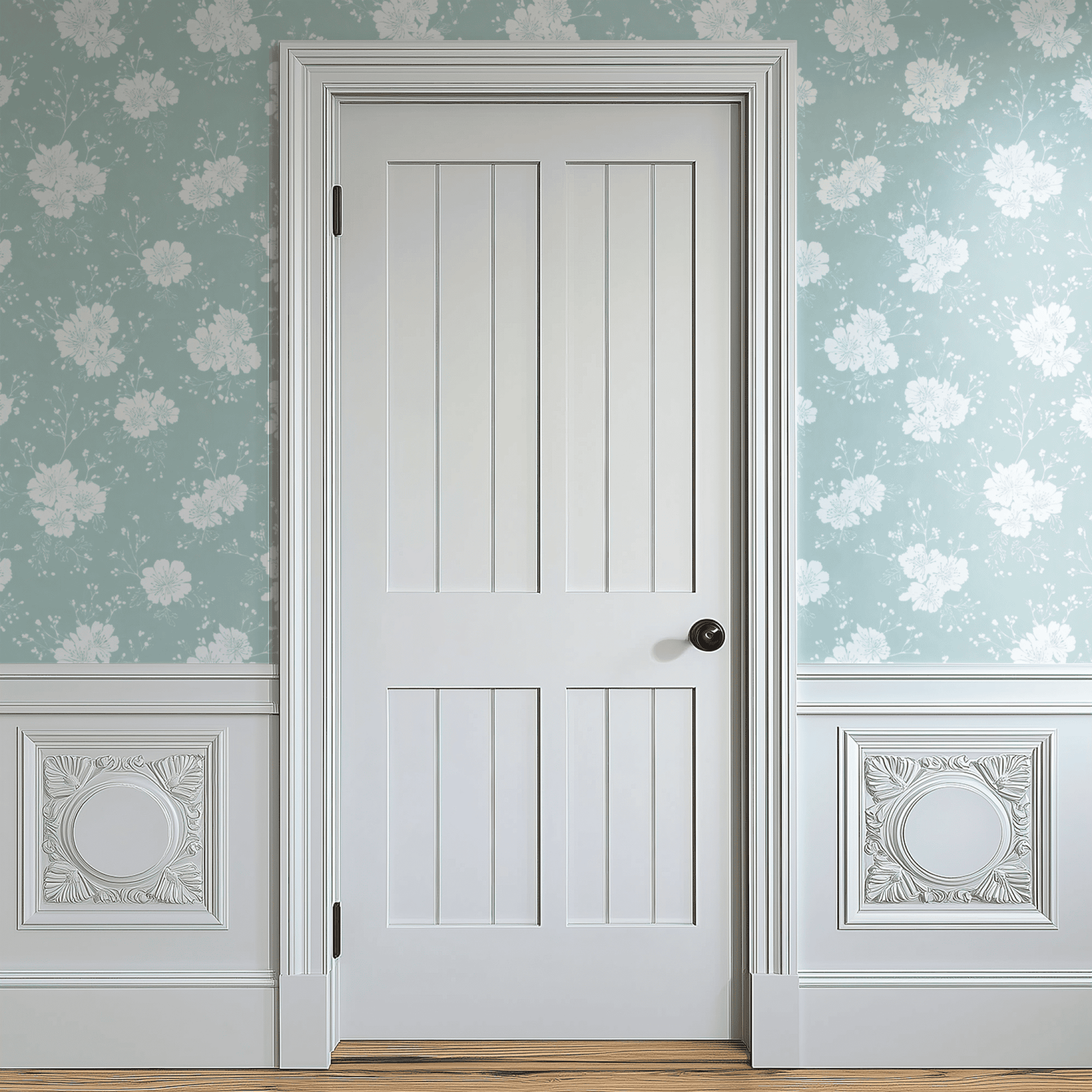 Green Floral Wallpaper shown in a second room with the chalky green wildflowers giving the wall an aged country-cottage atmosphere