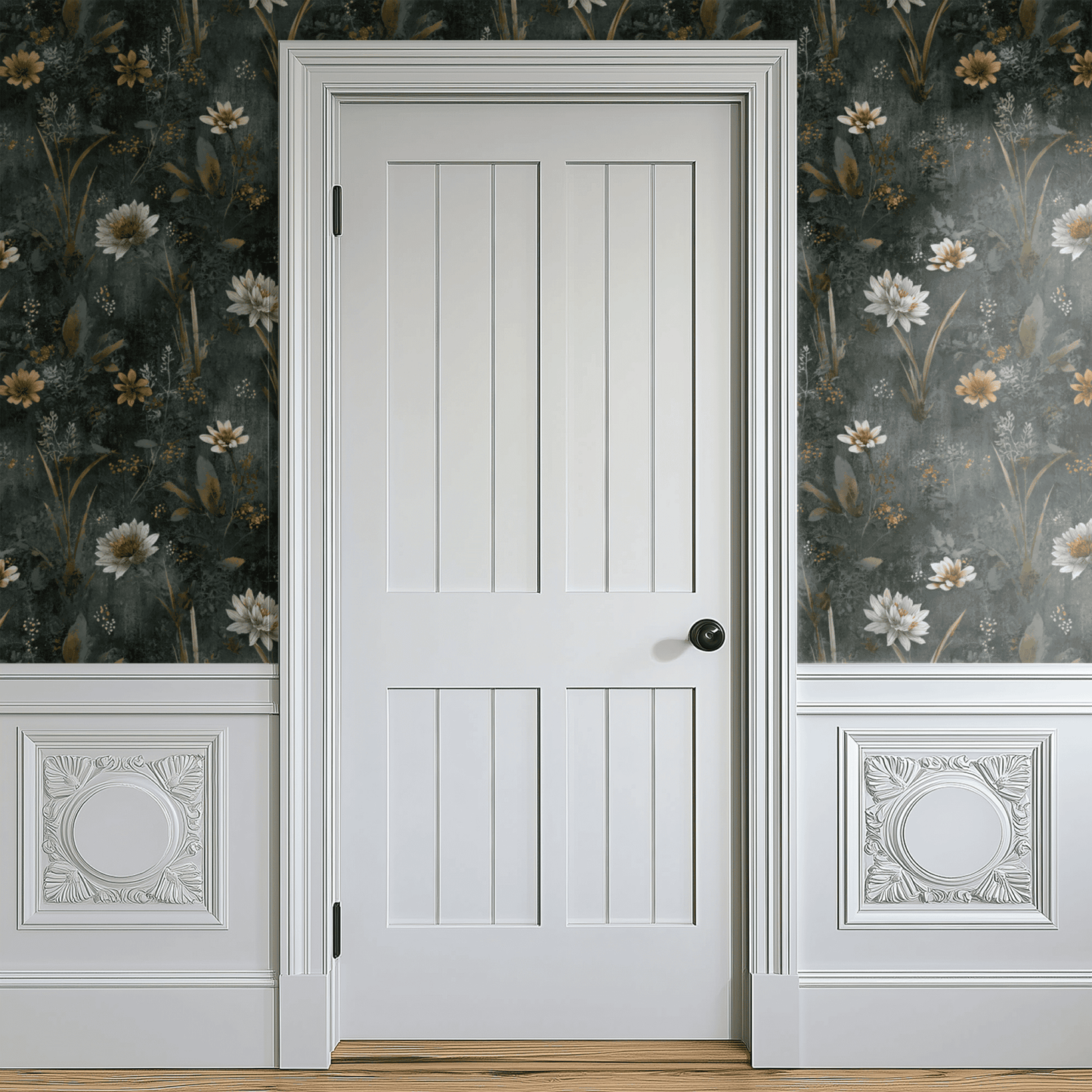 Green Floral Wallpaper shown in a second interior with the dark academia botanicals reading as library-style atmospheric decoration