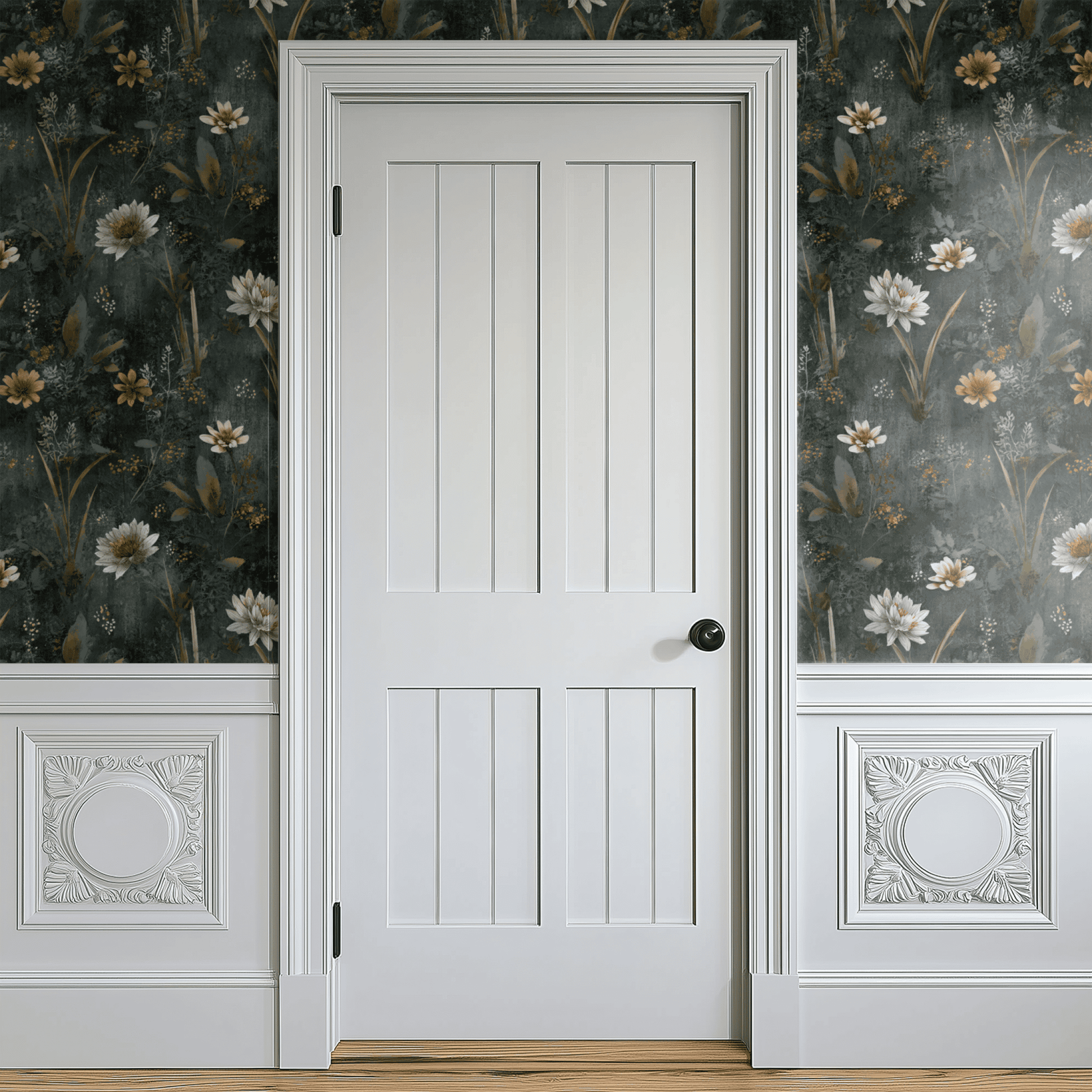 Green Floral Wallpaper shown in a second interior with the dark academia botanicals reading as library-style atmospheric decoration