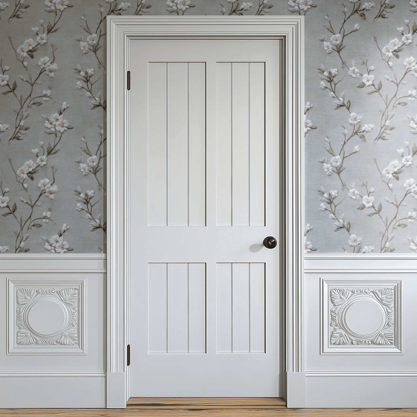 Grey Floral Wallpaper shown in a second interior with the greige cottagecore blossoms reading as quietly flexible neutral decoration