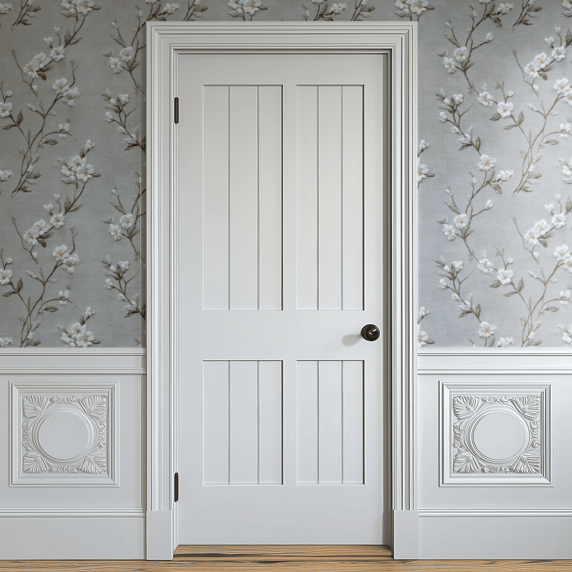 Grey Floral Wallpaper shown in a second interior with the greige cottagecore blossoms reading as quietly flexible neutral decoration