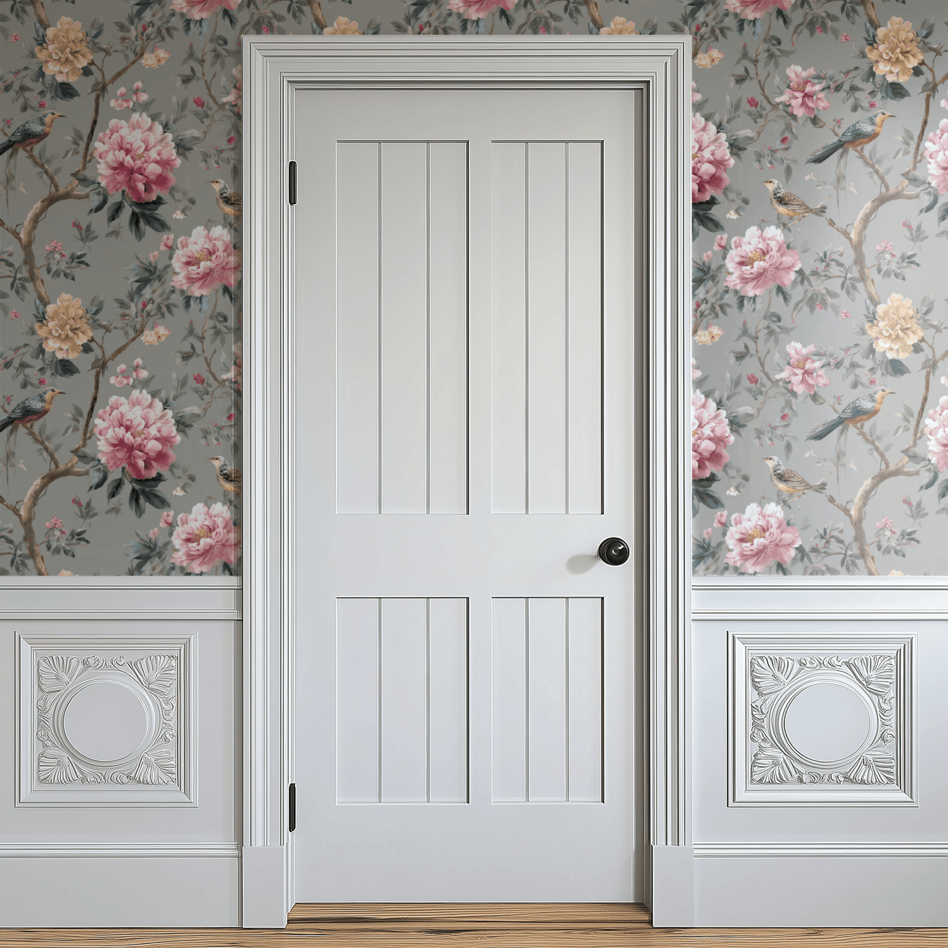 Grey Floral Wallpaper shown in a second room with the songbirds reading as classically decorative against the soft grey