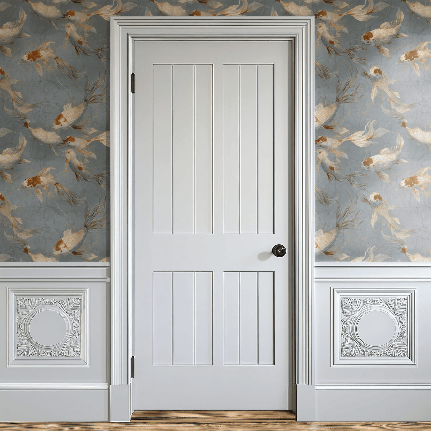 Blue Animal Print Wallpaper shown in a second interior with the scale pattern reading as atmospheric without being literally figurative
