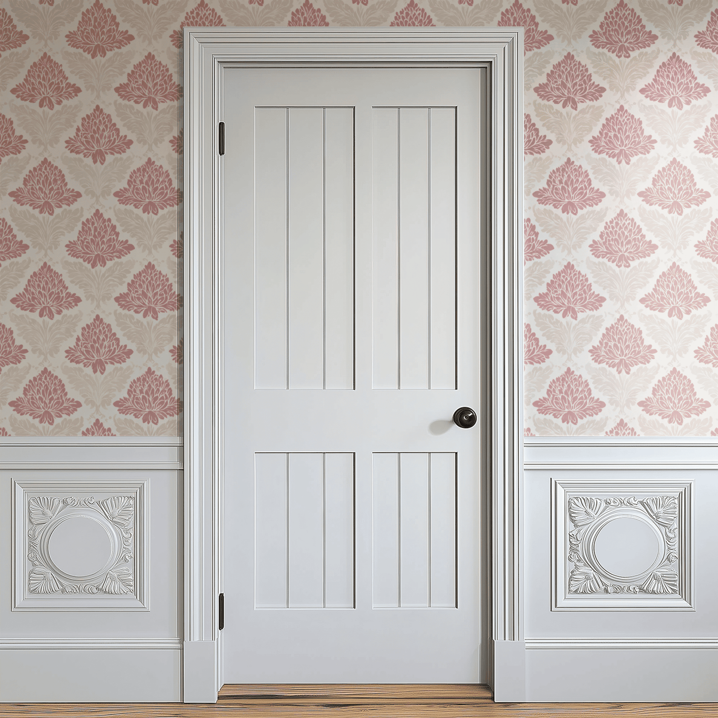 Pink Damask Wallpaper installed in a room interior with Victorian damask acanthus florals in soft pink roseate palette