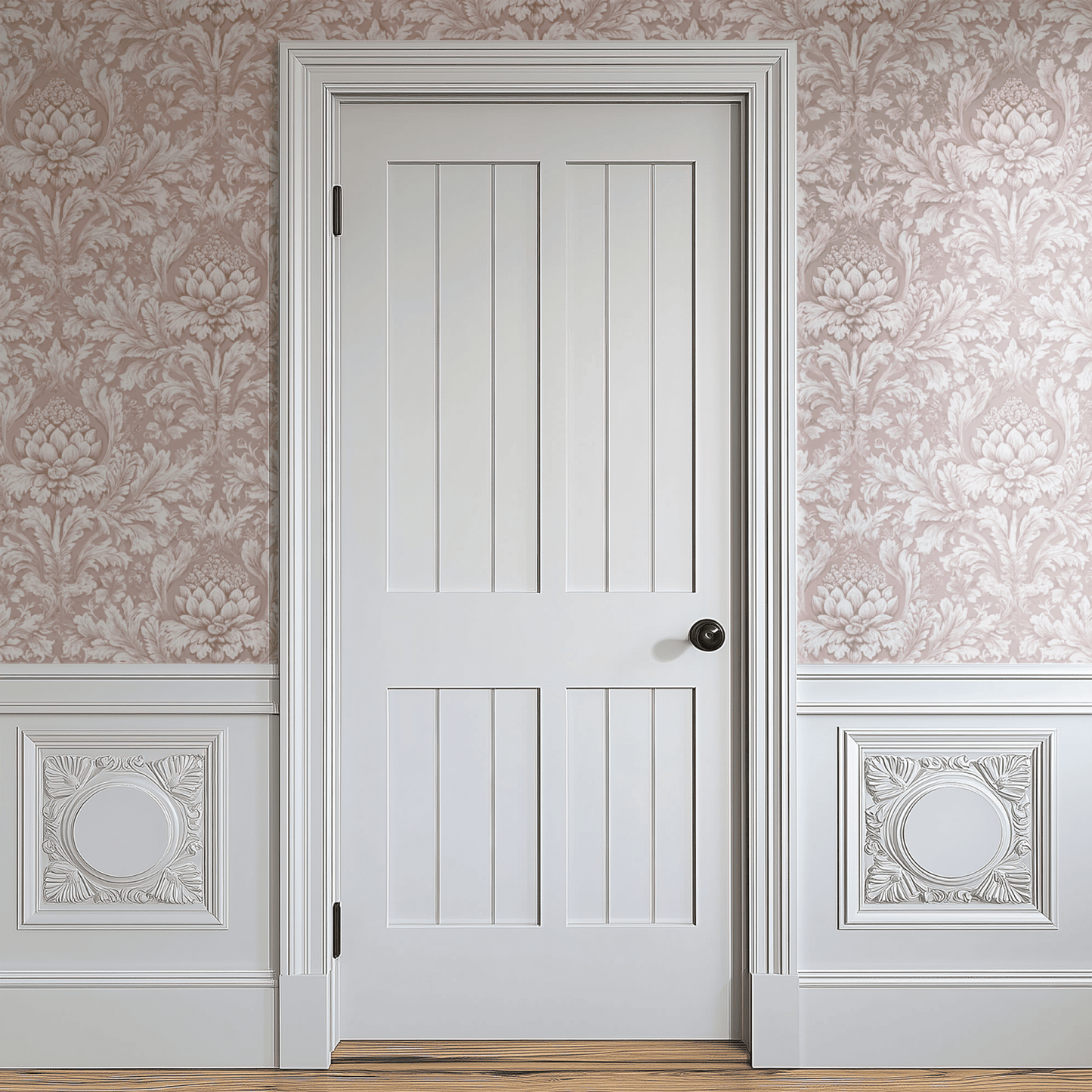 Elegant Pink Wall Covering shown in a second interior with the pink damask reading as feminine formal traditional decoration