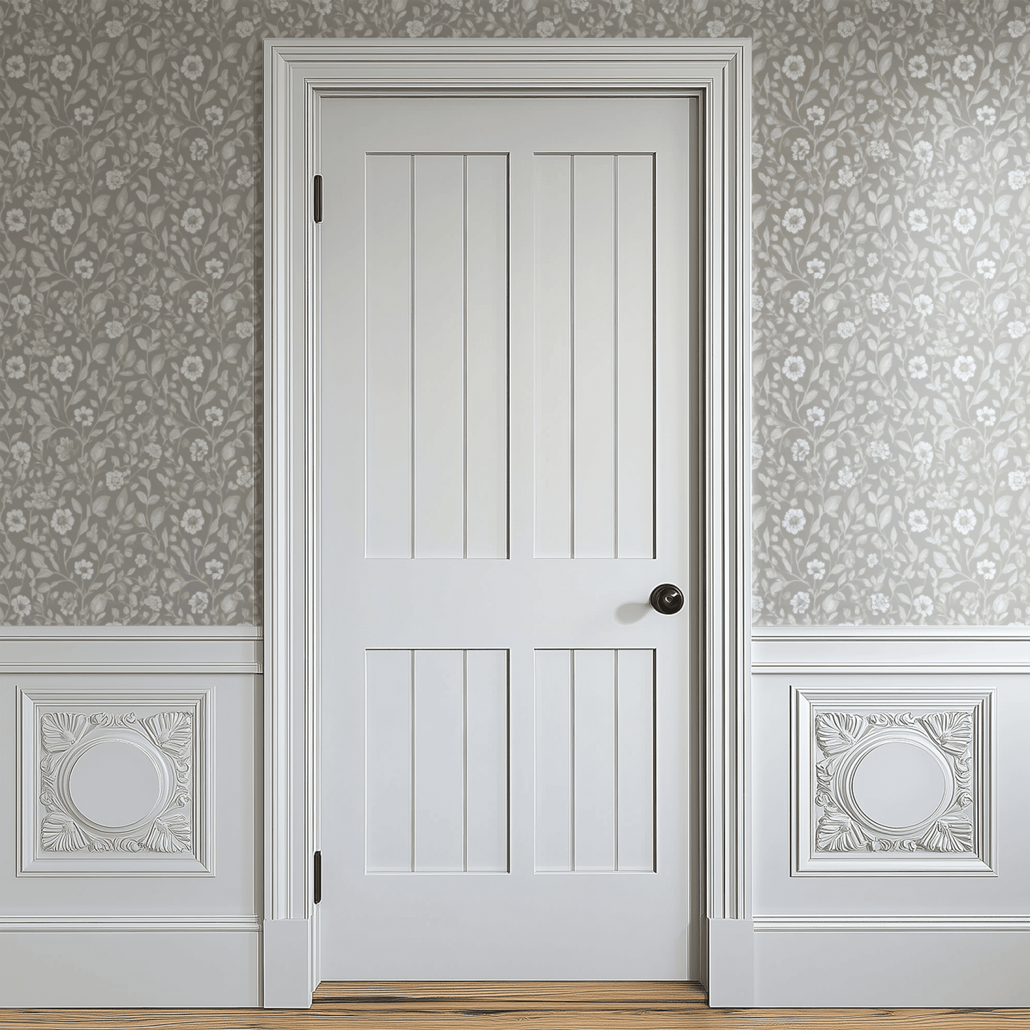 Neutral Floral Wallpaper shown in a second room with the pearly petals reading as gracefully soft Arts and Crafts decoration