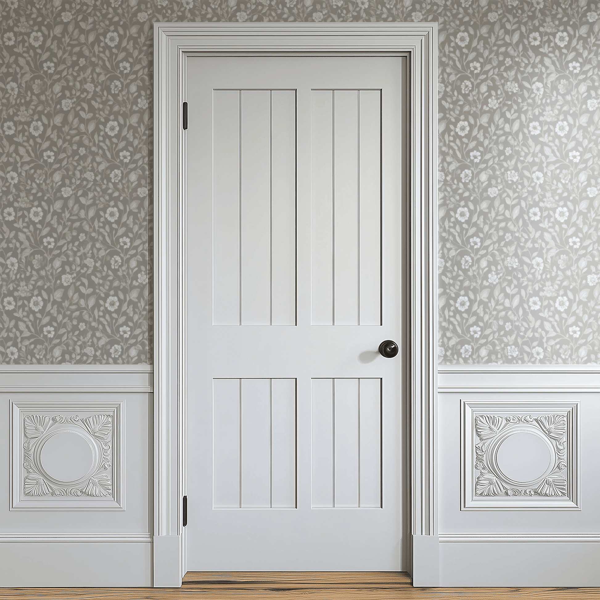 Neutral Floral Wallpaper shown in a second room with the pearly petals reading as gracefully soft Arts and Crafts decoration