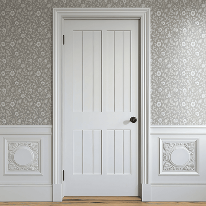 Neutral Floral Wallpaper shown in a second room with the pearly petals reading as gracefully soft Arts and Crafts decoration