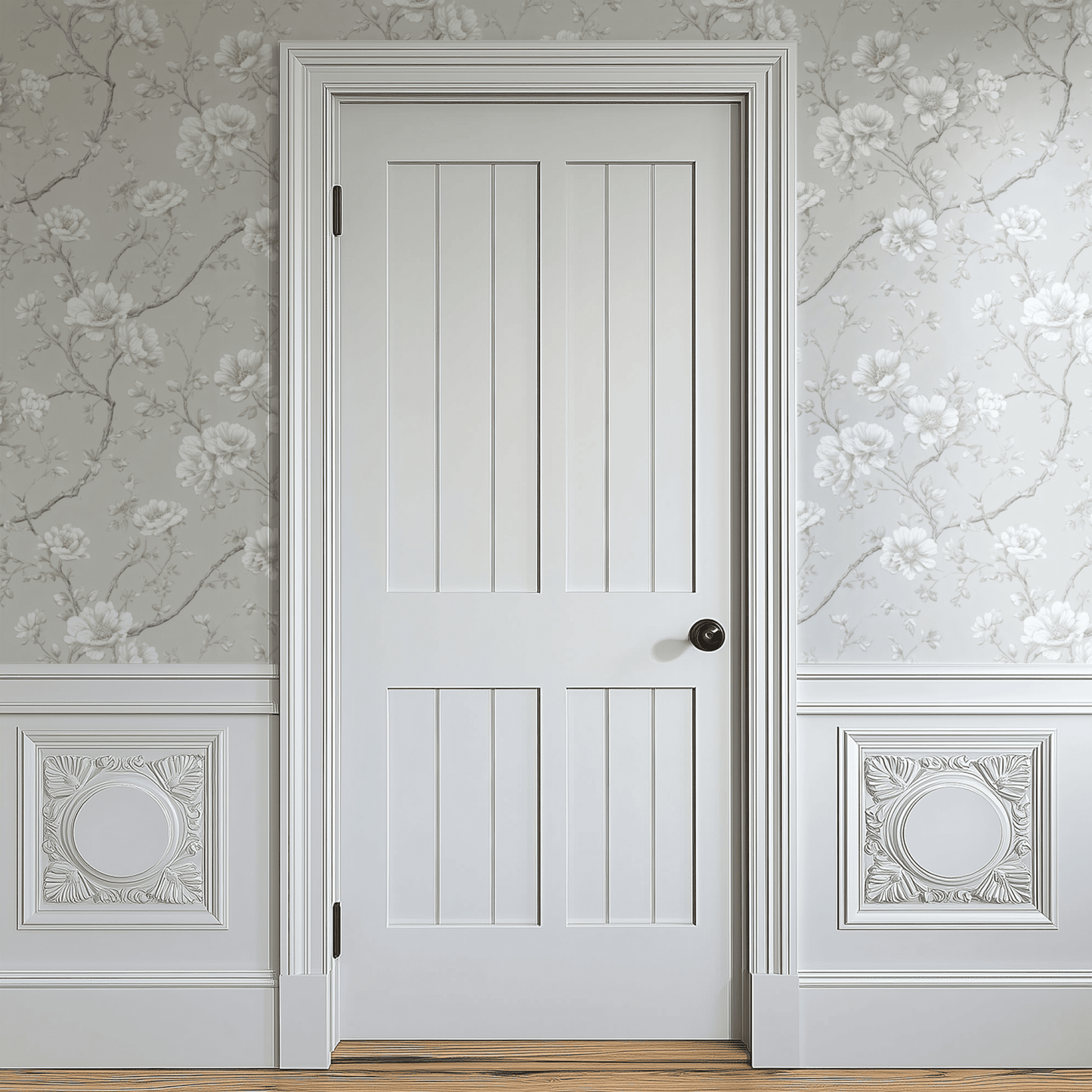 Grey Tranquil Botanical Wall Covering shown in a second interior with the sketchy florals reading as casually contemporary line-drawing decoration