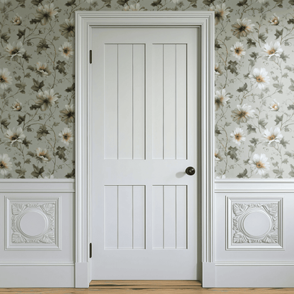 Green Floral Wallpaper installed in a room interior with botanical verdure florals in green and cream