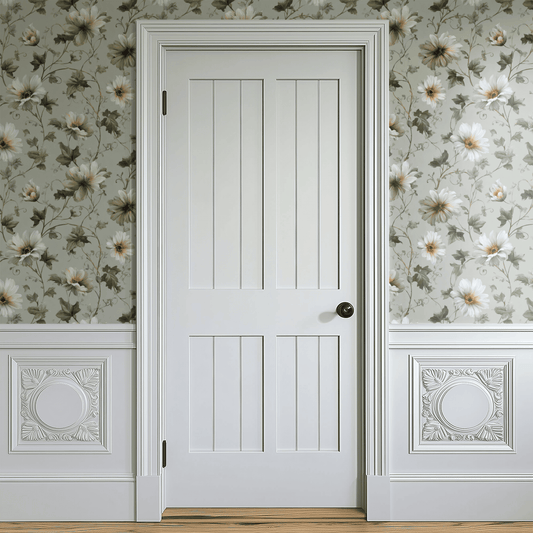 Green Floral Wallpaper installed in a room interior with botanical verdure florals in green and cream