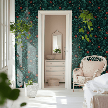 Green Floral Wallpaper shown in a second interior with the teal poppies reading as confidently traditional botanical decoration