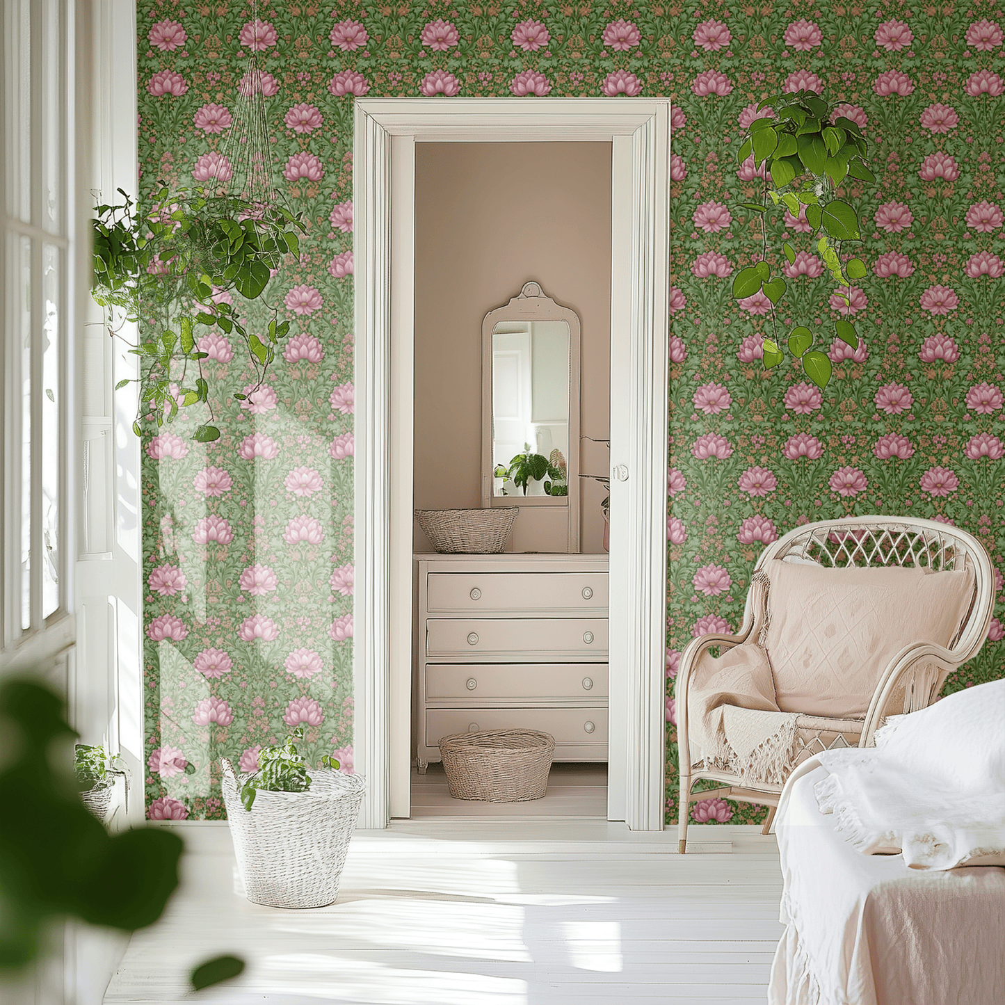Green Floral Wallpaper shown in a second interior with the verdant lotus reading as East-Asian-influenced traditional decoration