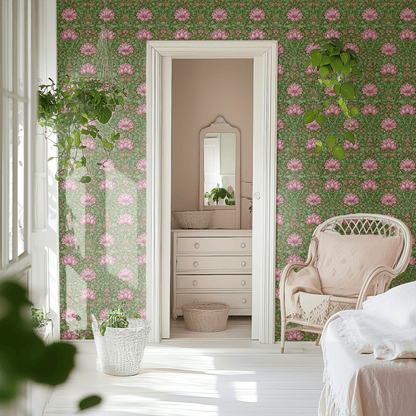 Green Floral Wallpaper shown in a second interior with the verdant lotus reading as East-Asian-influenced traditional decoration