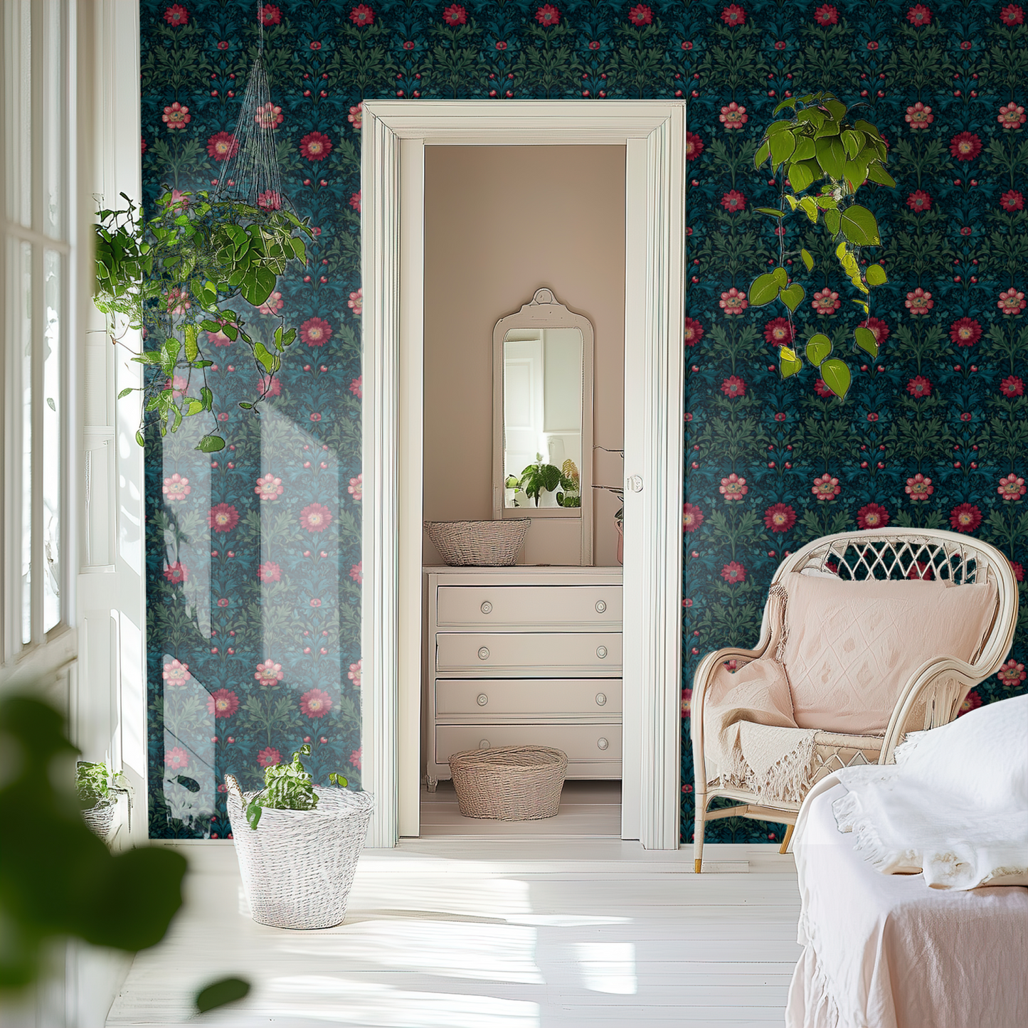 Green Floral Wallpaper shown in a second room with the emerald anemones reading as confident home-office or library decoration