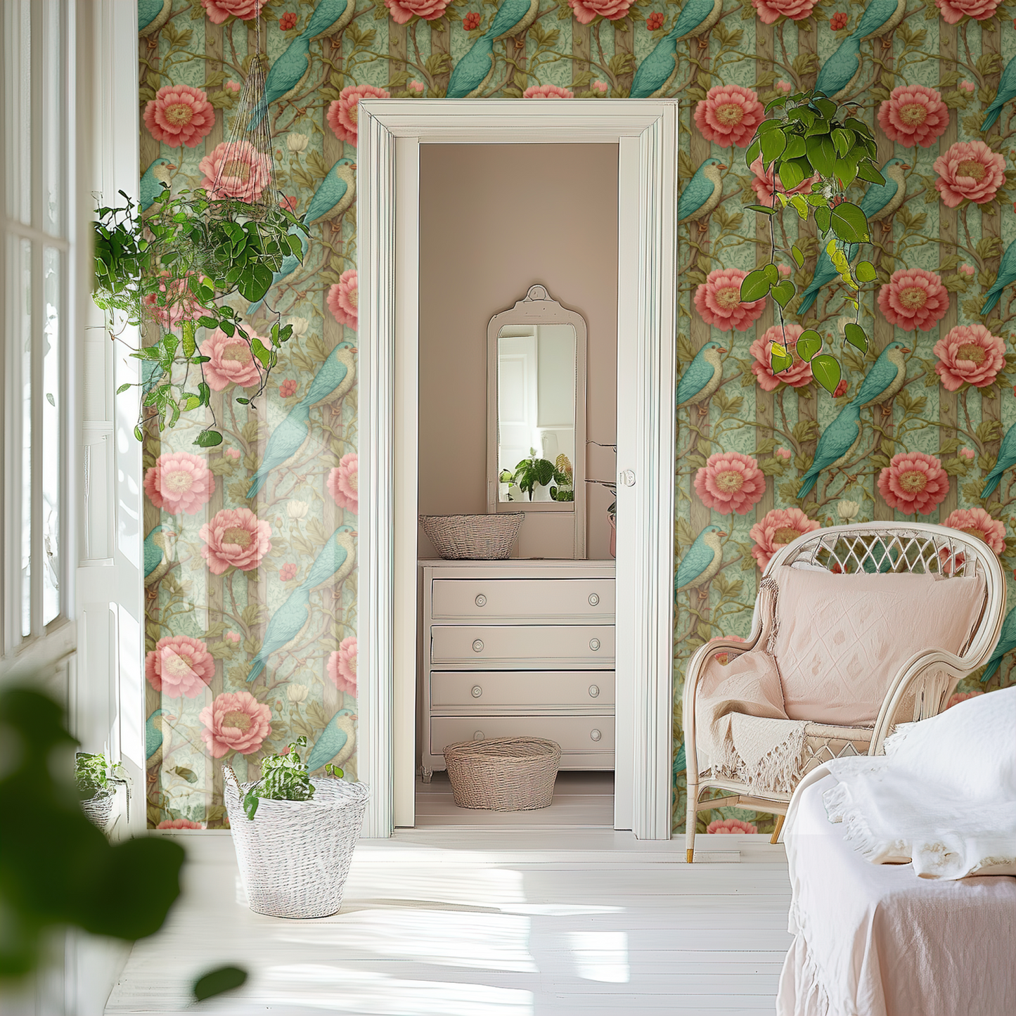 Green Floral Wallpaper shown in a second interior with the woodland birds and florals giving the wall a country-pastoral character