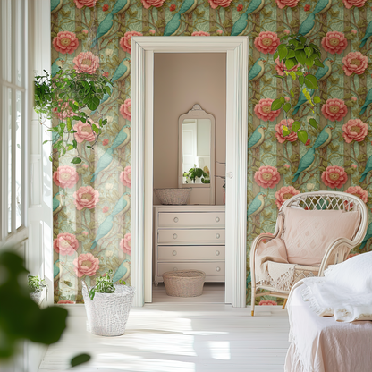 Green Floral Wallpaper shown in a second interior with the woodland birds and florals giving the wall a country-pastoral character