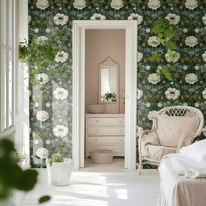 Green Floral Wallpaper shown in a second interior with the ivory anemones reading as quietly classical Arts and Crafts decoration