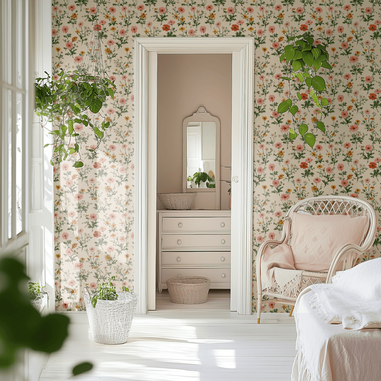 Cream Floral Wallpaper shown in a second interior with the warm cottagecore palette giving the room an intimate cottage atmosphere
