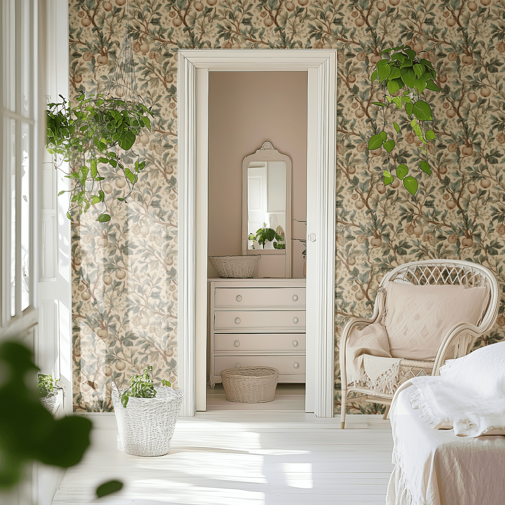 Cream Botanical Wallpaper shown in a second interior with the verdant russet reading as warmly autumnal natural decoration
